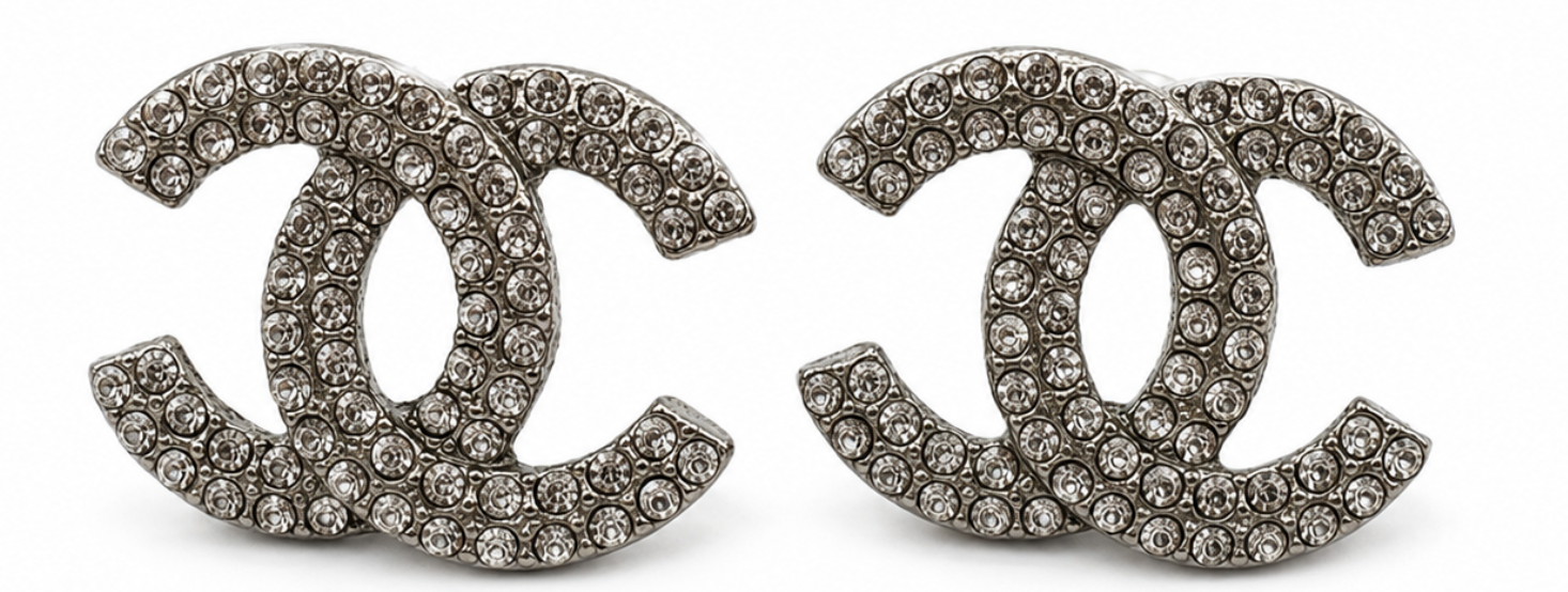 Chanel Silver Coco Mark Rhinestone Earrings