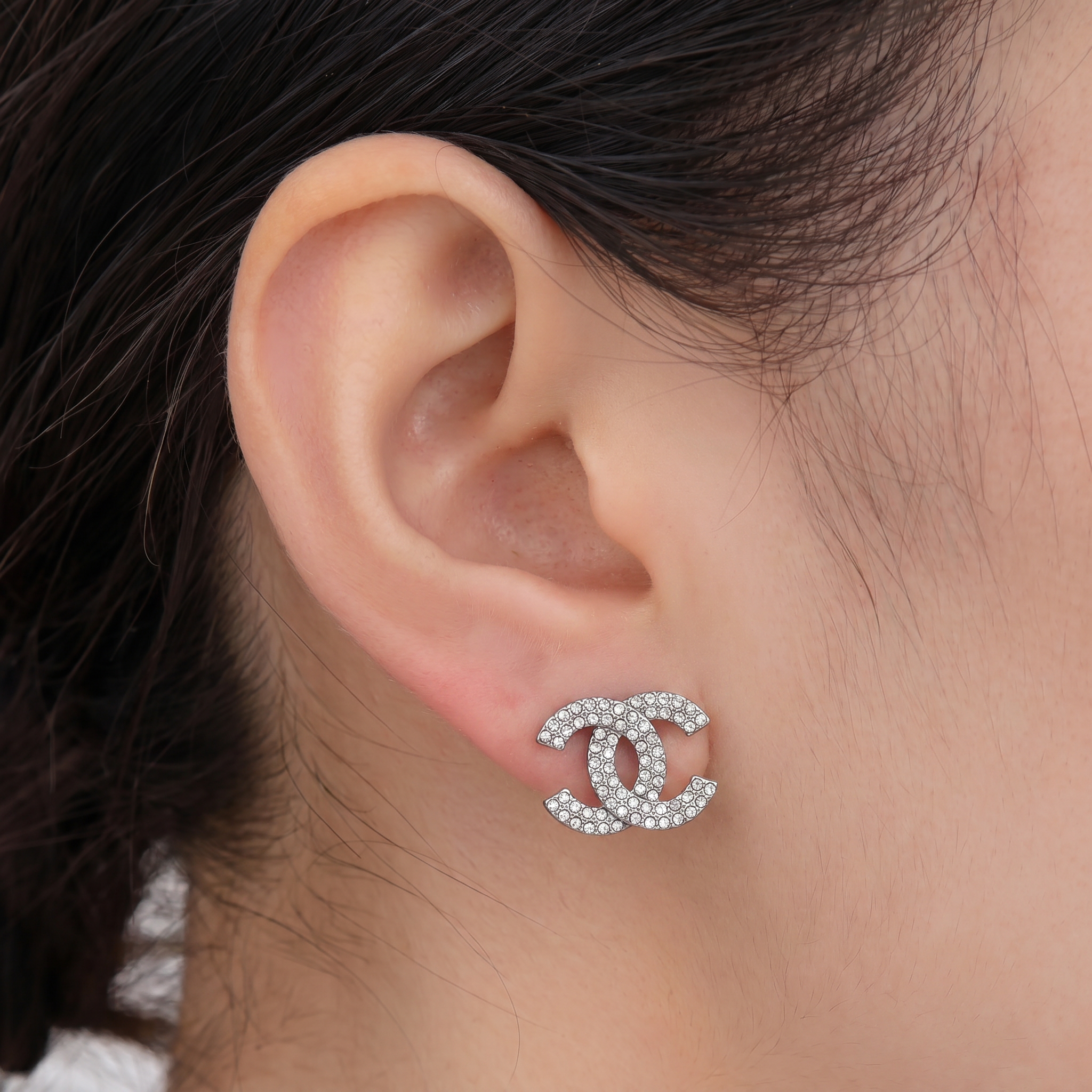 Chanel Silver Coco Mark Rhinestone Earrings