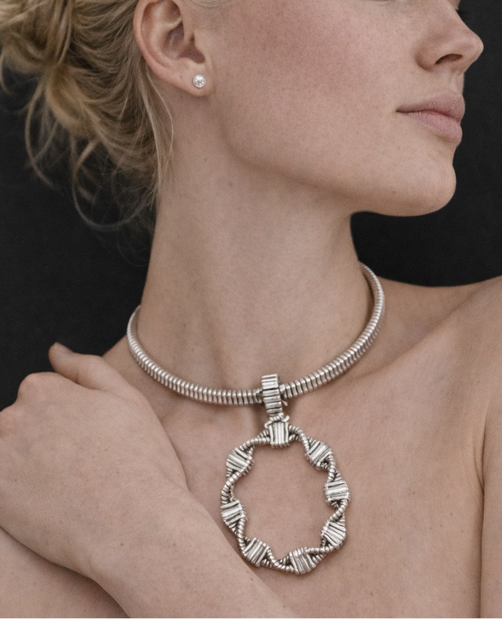 Oversized twisted oval pendant silver necklace
