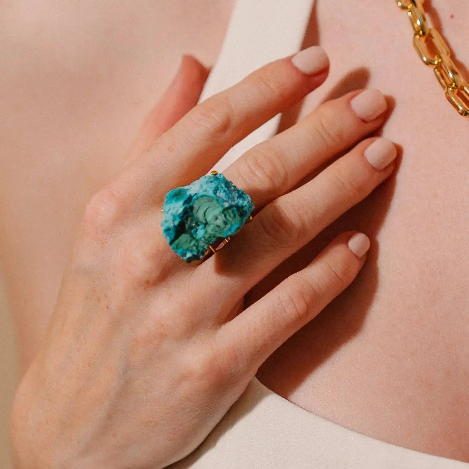 Natural blue chrysocolla statement ring with gold plated adjustable band
