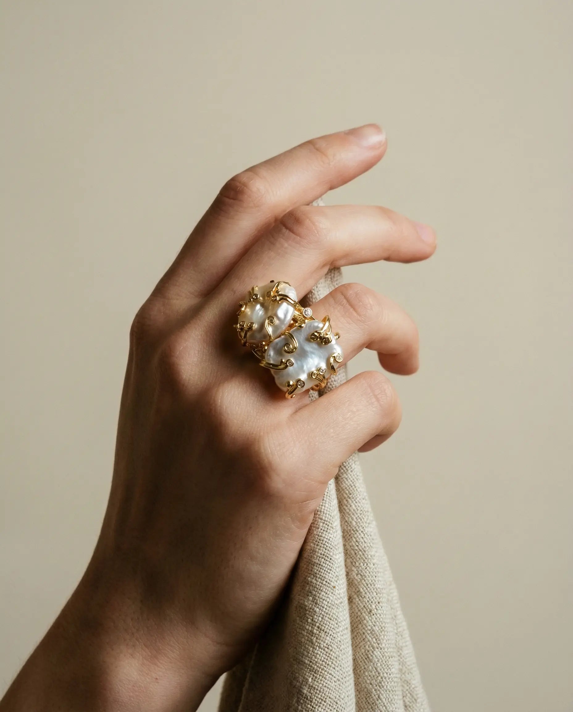 The Dual Baroque Statement Ring – Sculpted Pearl in Gold Vault 9